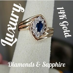 Ladies 14K Yellow Gold Diamond Sapphire Ring